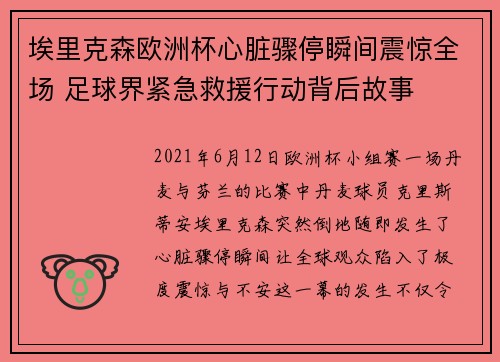 埃里克森欧洲杯心脏骤停瞬间震惊全场 足球界紧急救援行动背后故事