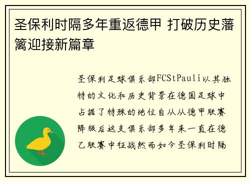 圣保利时隔多年重返德甲 打破历史藩篱迎接新篇章